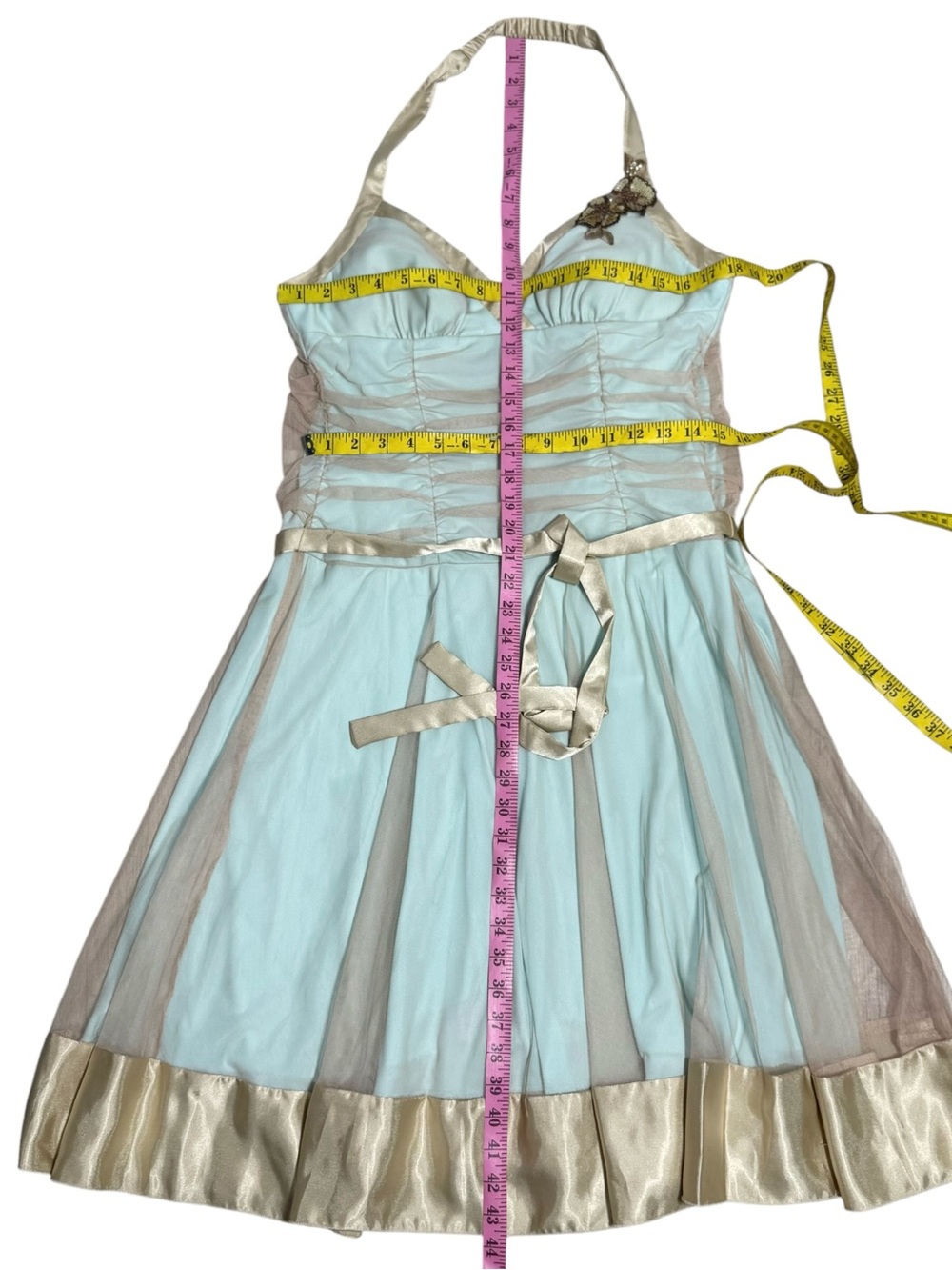 Vintage 90’s Y2K City Triangles Aqua Dress Gold Mesh overlay and trim Fairycore - Picture 8 of 12